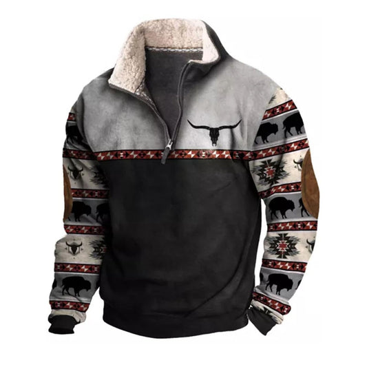 HOTYD Aztec Cowboy Mens Hoodie Vintage Graphic Western Hoodies Regular Fit Long Sleeve Western Jackets for Men 1/4 Zip Pullover Fall Winter Fleece Vintage Graphic Comfy Country Hoodies Black 2XL